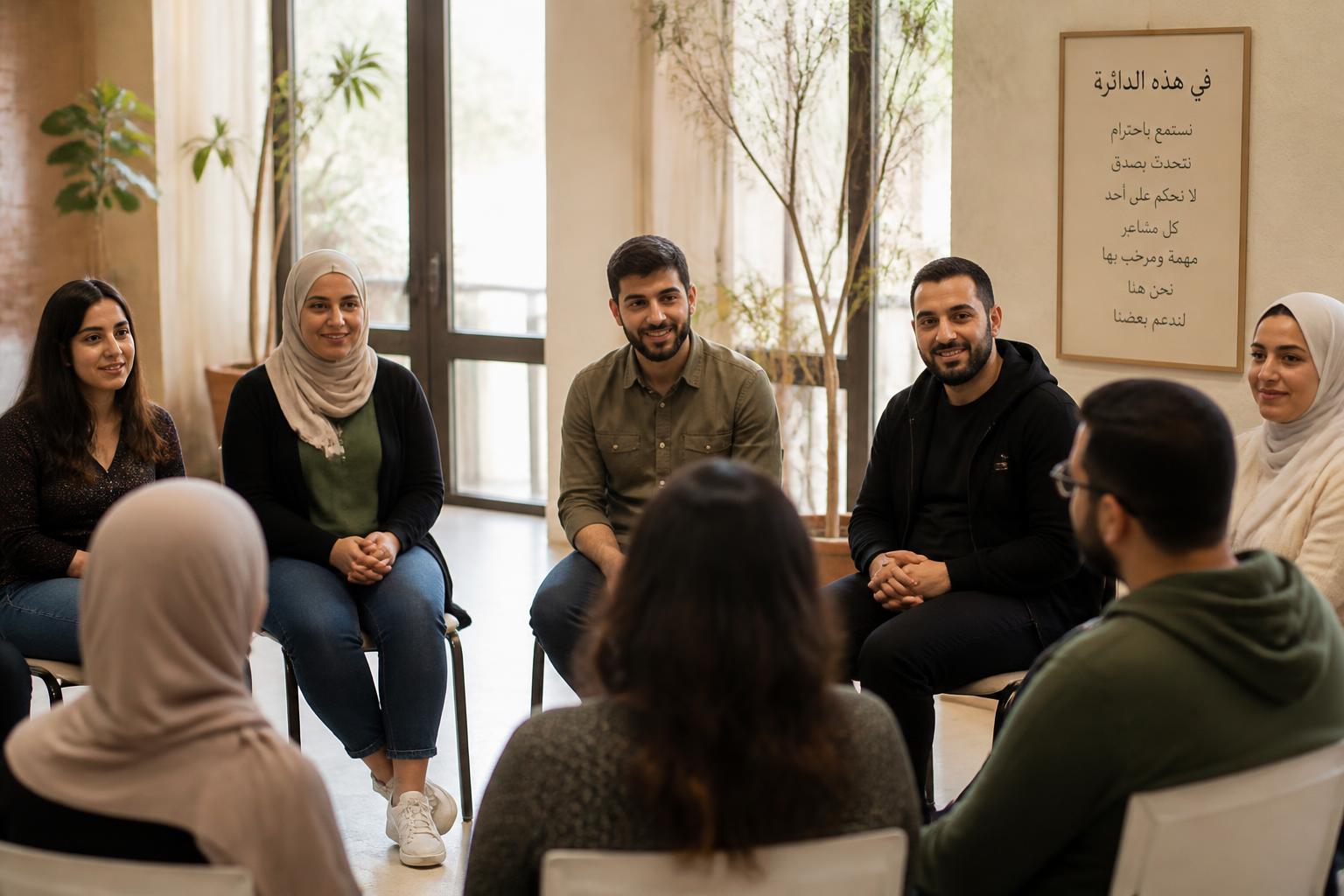 فريق ومشاركون في جلسة مجتمعية داخل قاعة مضيئة